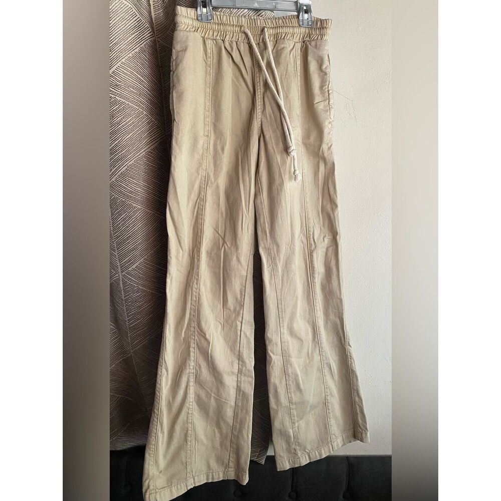 We The Free Denim Pants Beige Drawstring Wide-Leg Pockets Sz XS